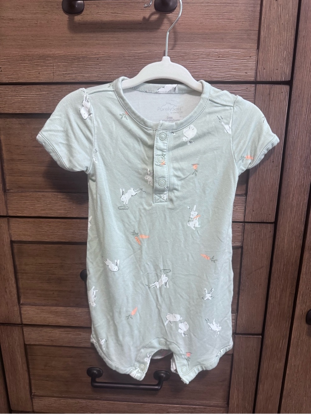 PurelySoft - Mint Green Bunny Romper with Carrot Print